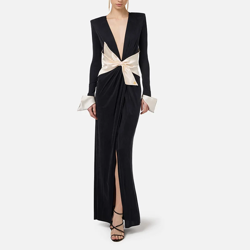 Brownm Famous Wind Dress Women 2025 Spring New Temperament Elegant Fashion Collage Collage Bow V-Neck Dress