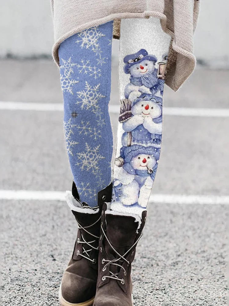 Lovely Snowman Snowflakes Contrast Leggings
