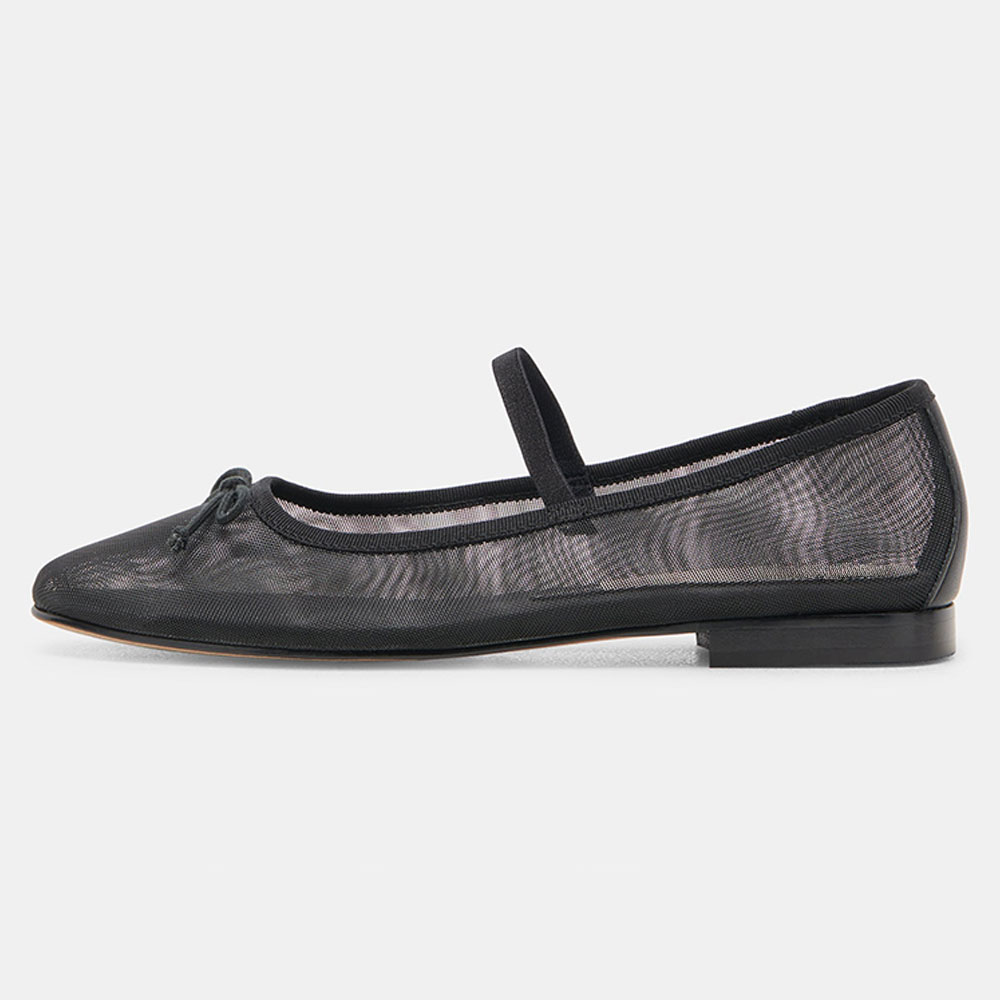 Black Mesh Round Toe Flat Bow Inlay Strappy Ballet Shoes Nicepairs