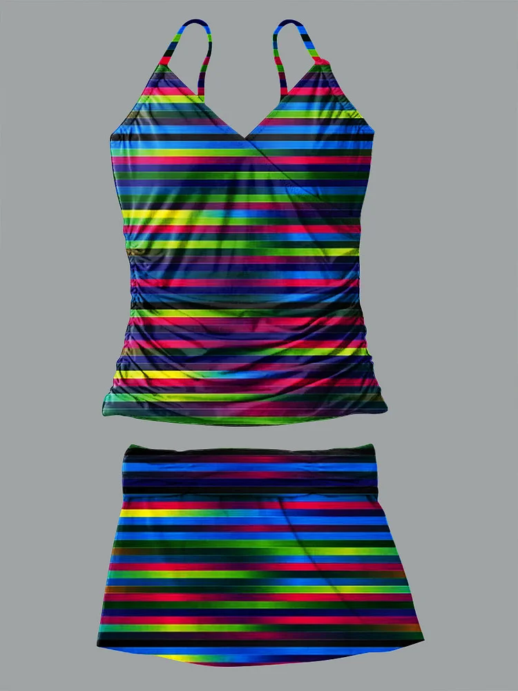 Colorful Stripe Pattern Art Print Suspender Bikini V Neck Set Swimsuit