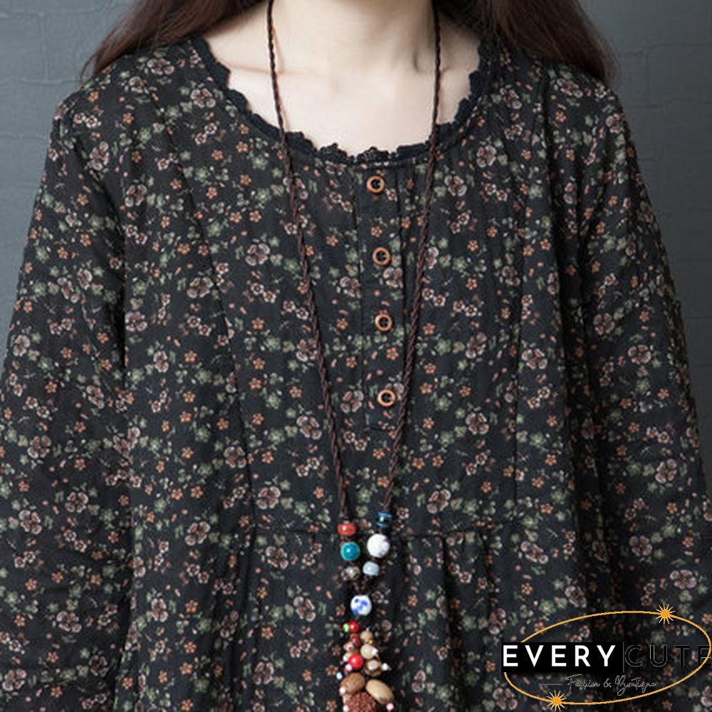 Women Cotton Kaftan Abaya Vintage Printed Floral Dress Full Length Dress