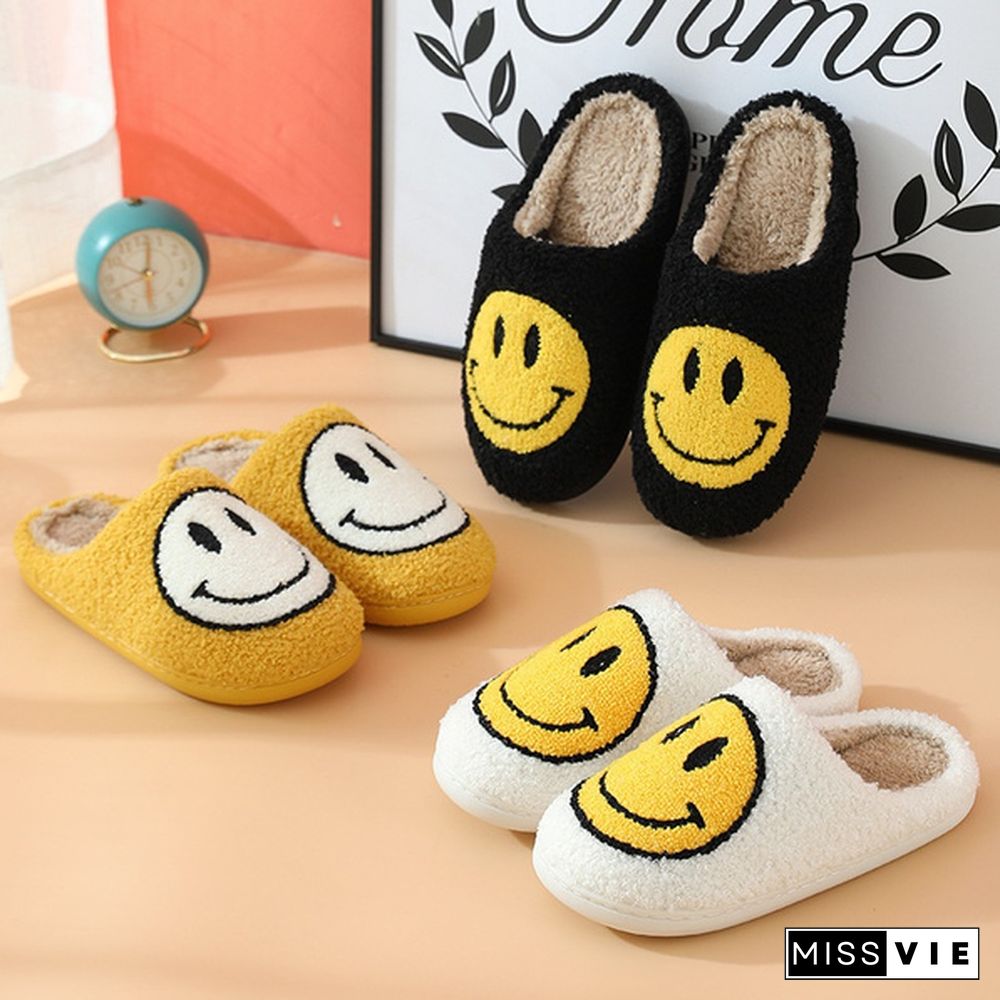 Winter House Girls Fur Slippers Cute Smiley Pattern Women Fluffy Warm Bedroom Ladies