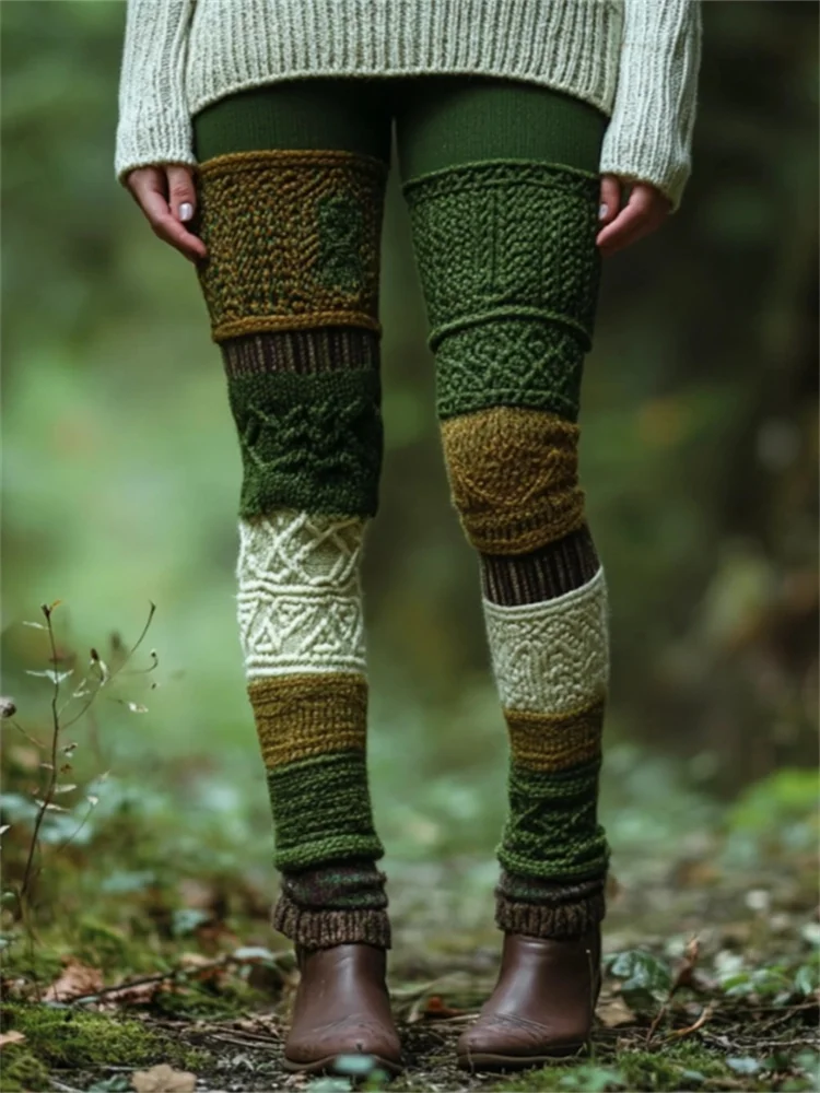 VChics Forest Mystical Chunky Patchwork Cozy Knit Leggings