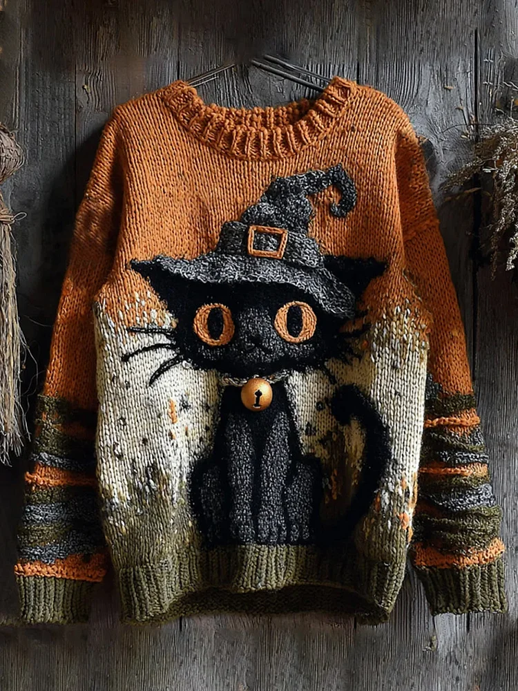 Women's Halloween Cute Witch Cats Art Crew Neck Sweater