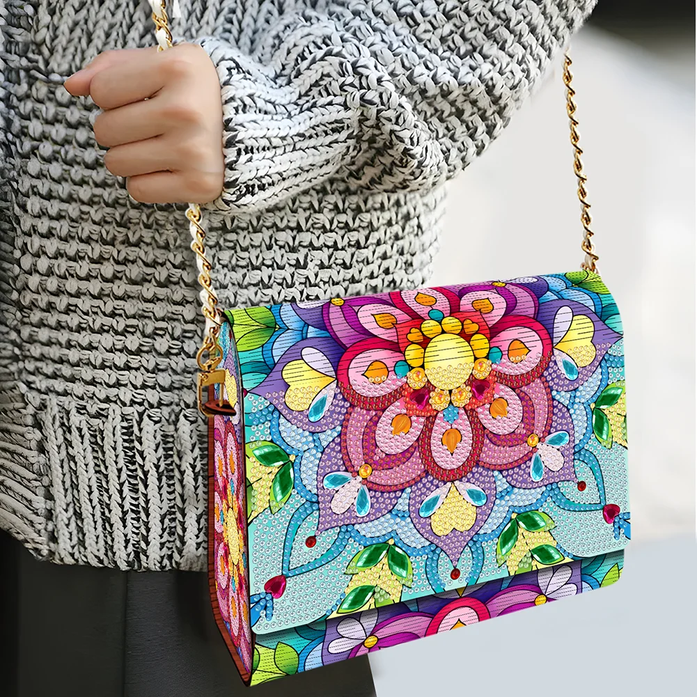 DIY Mandala Diamond Art Wooden Coin Pouch with Chain 5D Diamond Painting Purse