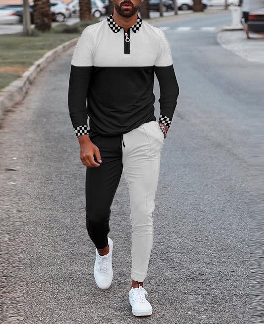 Half Zipper Checker Trim Shirt & Pants Set