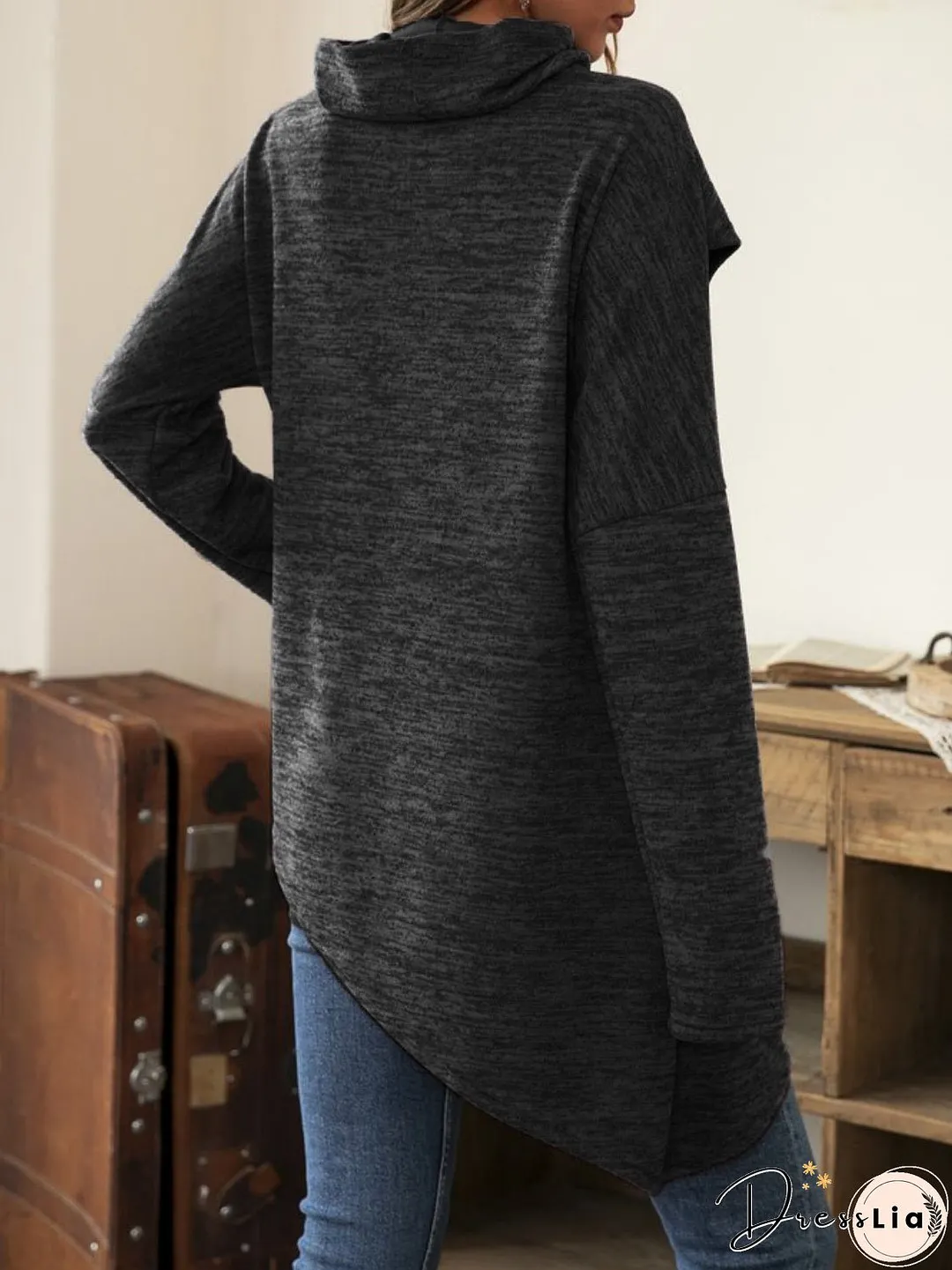 Asymmetrical Hem Cowl Neck Long Sleeve T-Shirt