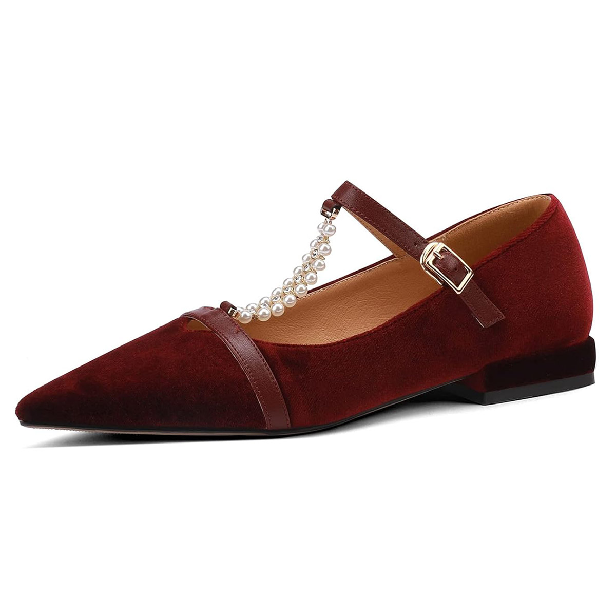 Maroon Faux Suede Pointed Pearl Embellished Buckle Strap Flat Pumps 