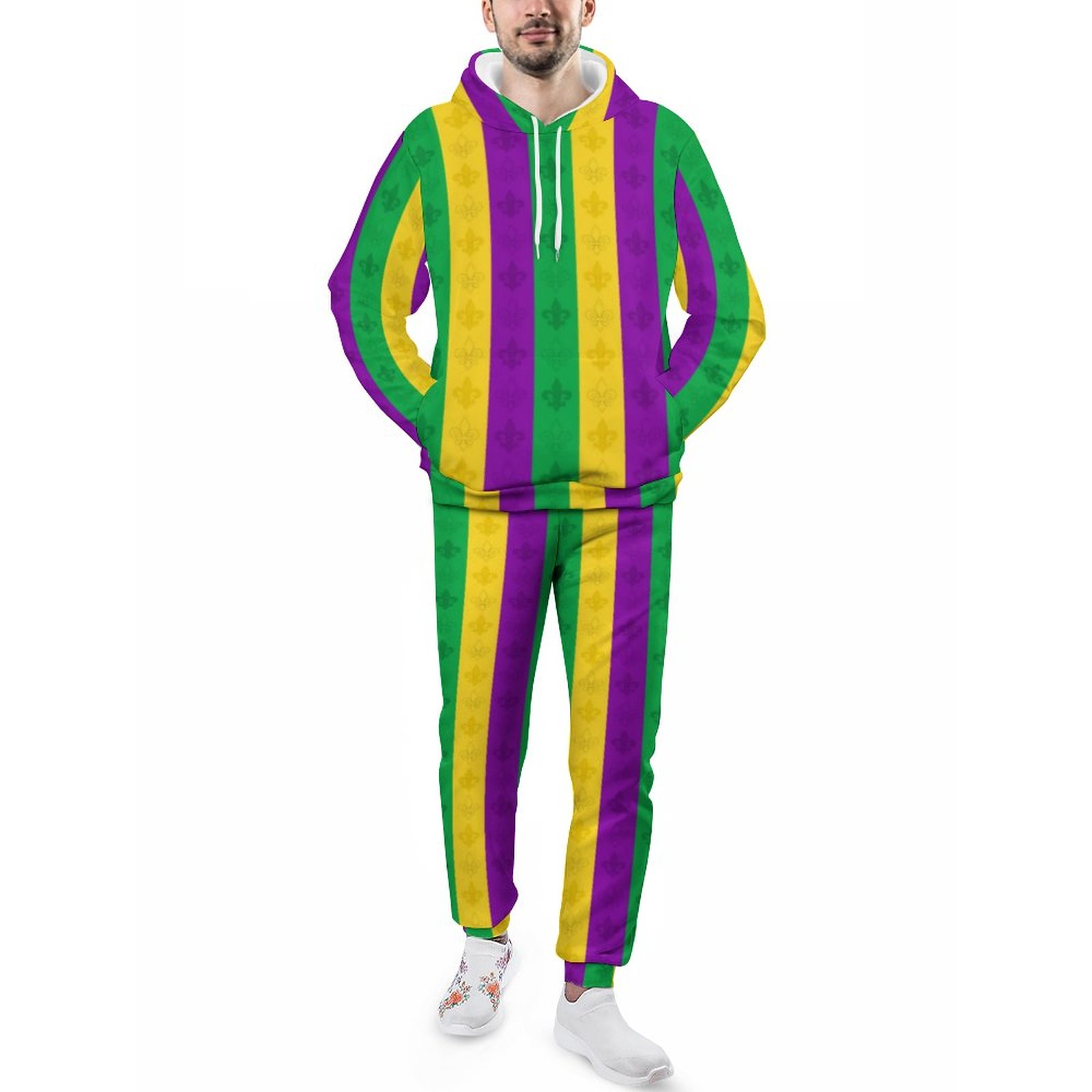 Purple Green Yellow Stripes Fleur De Lis Pattern Men's Tracksuit 2 Piece Hoodie Sweatsuit Sets Casual Jogging Athletic Suits
