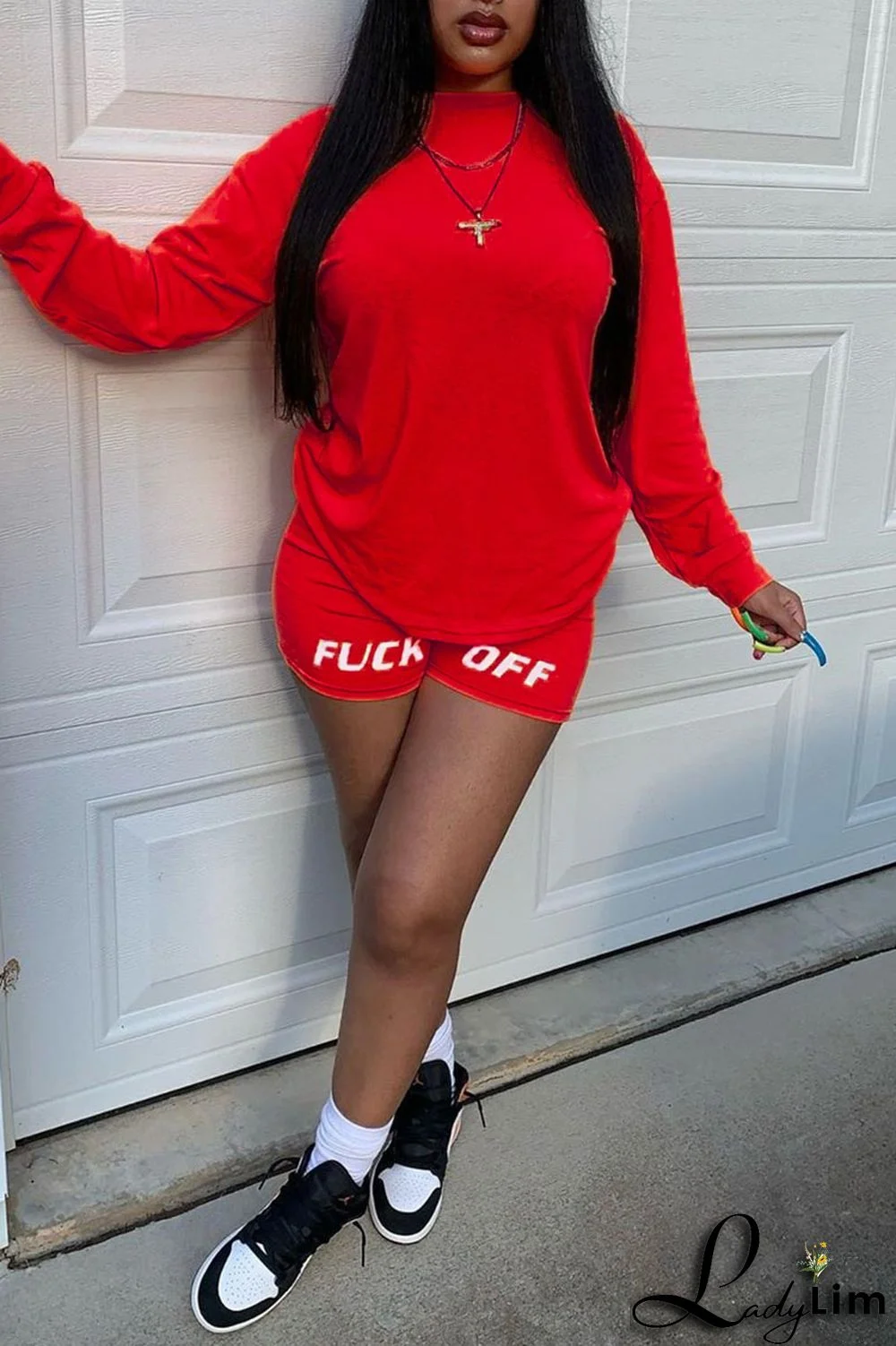 Tangerine Red Casual Print Split Joint O Neck Long Sleeve Two Pieces