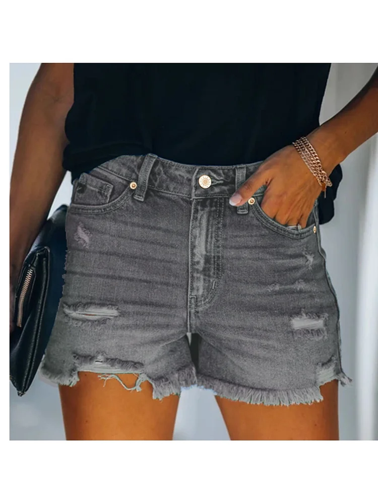 Women's High-Waisted Ripped Denim Shorts - Casual Summer Shorts With Distressed Knee Rips, Button Fly & Slash Pockets, Stretchy Denim Fabric, Available In Black, White, Red, Blue, Green, Casual Wear Shorts | Highwaisted Shorts | Stretchy Fabric