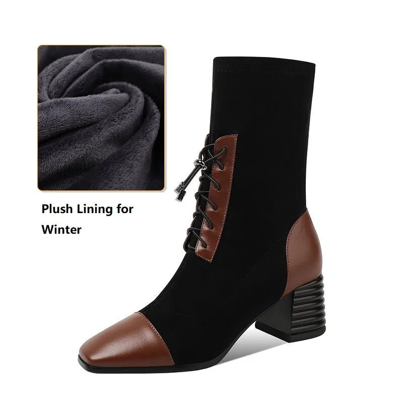 Mid Heel Slim Sock Boots,Women Autumn/Winter Shoes,Square Toe,Lace-up,Thick Heel,Stretch Fabric Boot,Female Footware,Brown,BLACK
