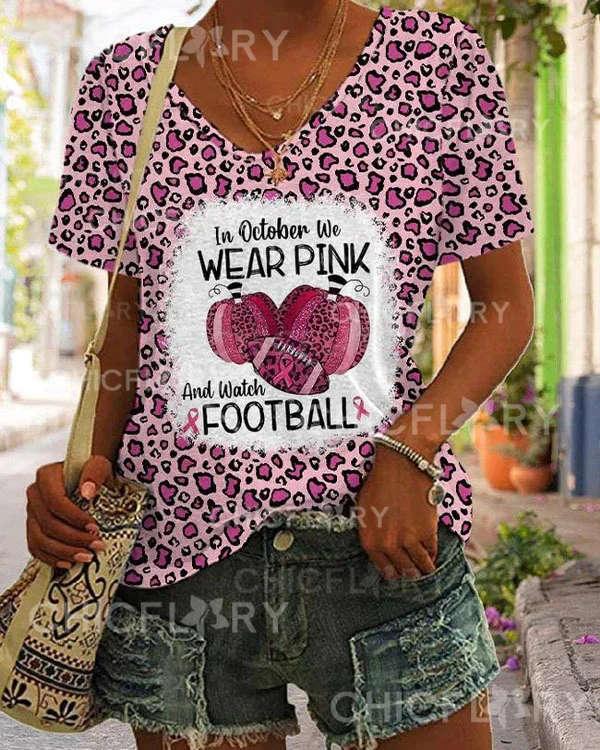 Leopard In October We Wear Pink And Watch Football V-neck Print T-Shirt