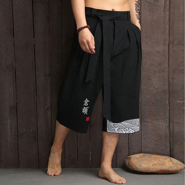 2025 Summer Men Chinse Style Hanfu Traditional Pants Men Asian Bath Pants Male Japan Style Trousers Linen Cropped Pants