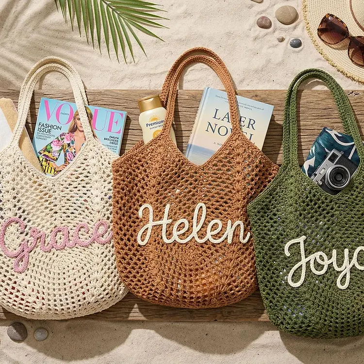 Personalised Straw Knitted Beach Bag and Crochet Tote - Unique Bridesmaid Gift Bags, Travel Wedding Favor, Bachelorette Trip Present