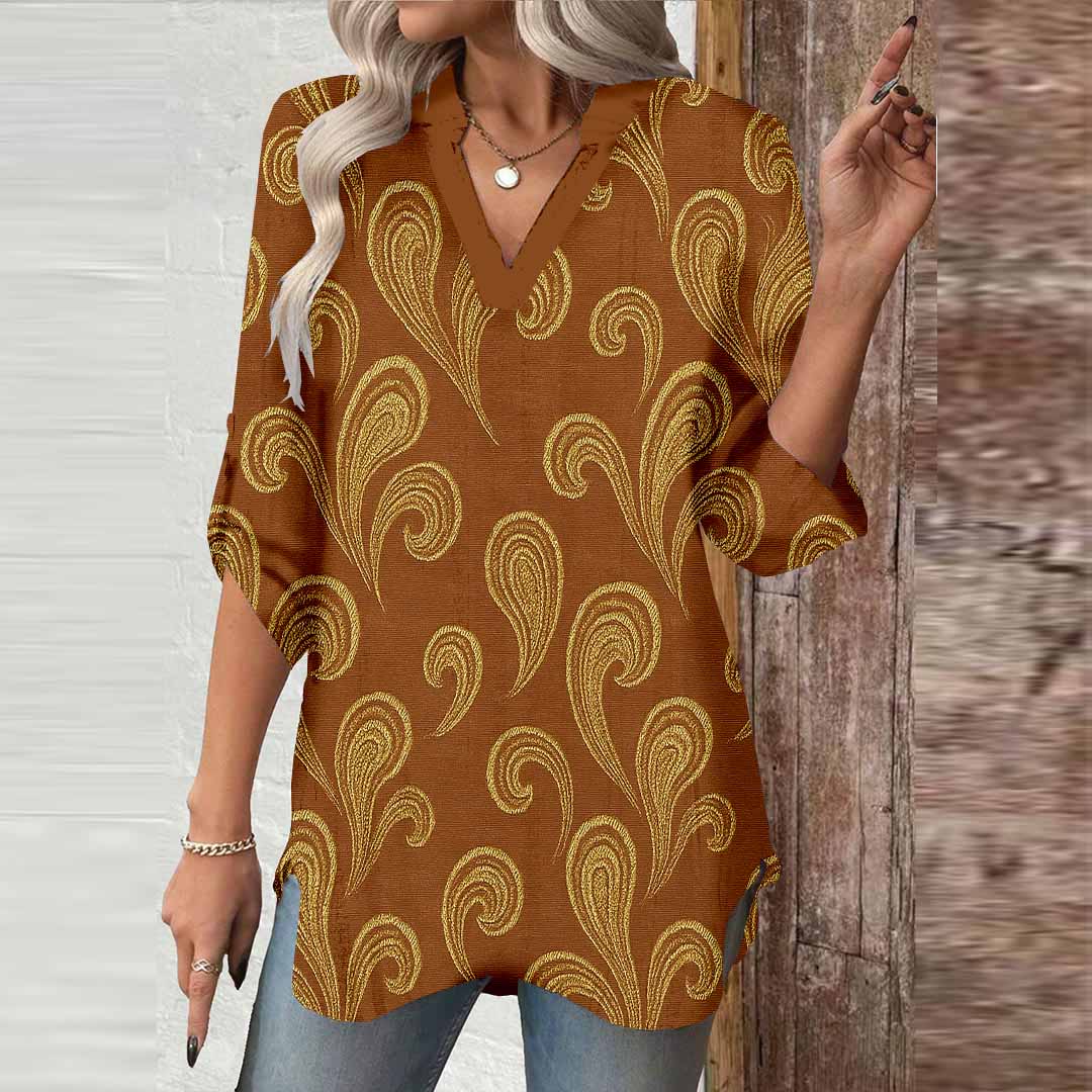 Women Perris, Brown, Khaki DZGA0407 3/4 Sleeve V-neck Printed Graphic Button Tops