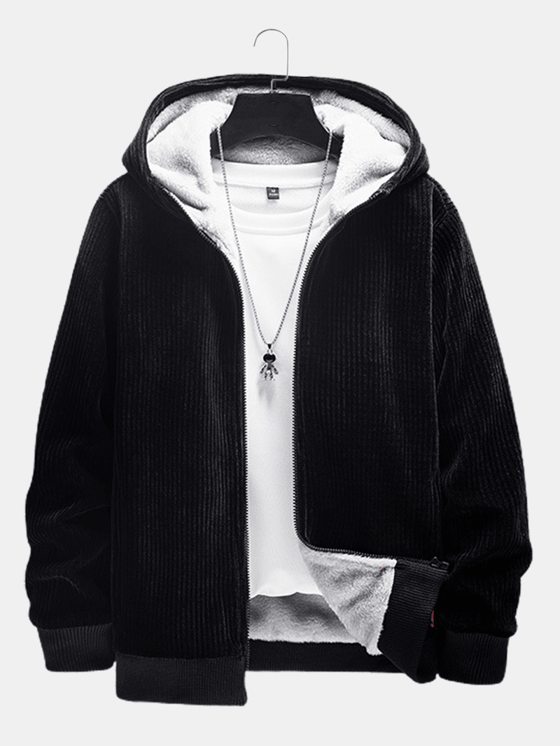 Men Corduroy plus Velvets Hooded Warm Pure Zipper Retro Jackets