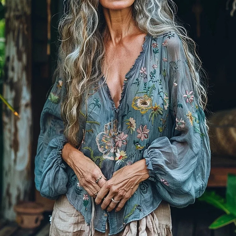 Lunivibe Bohemian Floral Linen Art Print Long Sleeve V-neck Shirt