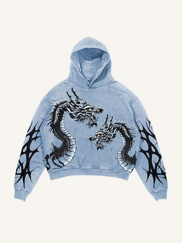 Dragon&Skeleton&Wing Print Slant Pockets Hoodie