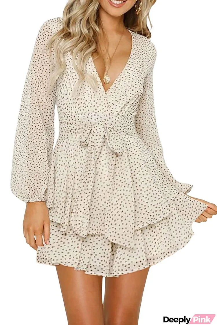 Beige V Neck Baggy Sleeve Waist Tie Double Layer Ruffle Hem Dotted Print Short Dress