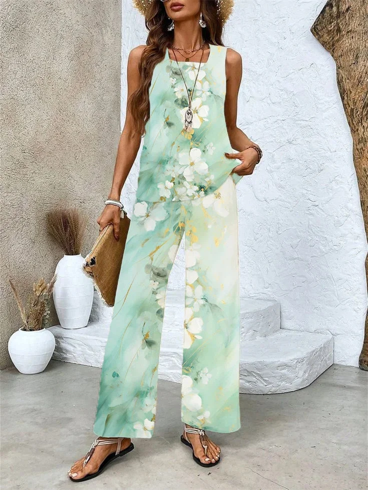 Women's Sleeveless Square Collar Floral Printed Casual Set