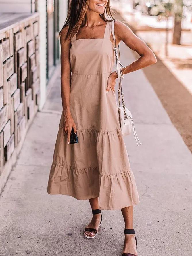 Khaki Solid Casual Sleeveless Dresses