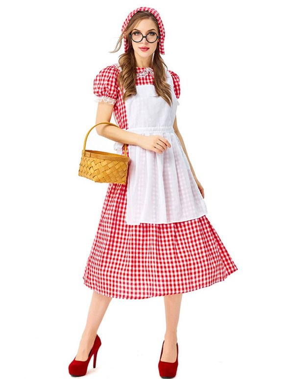 Medieval Scotland Dress Women Fake Two Pieces Garden Red Floral Plaid Prairie  Sukol Dress Novameme