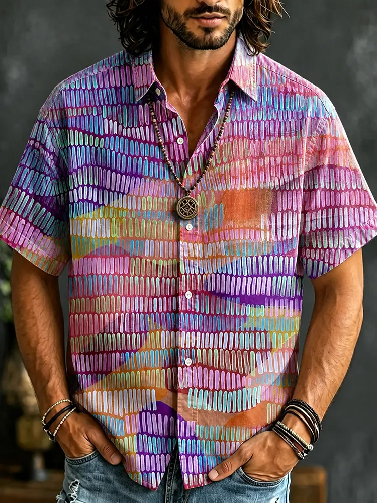 Men's Hippie Style Bright Purple And Orange Striped Print Short-sleeved Button Shirt