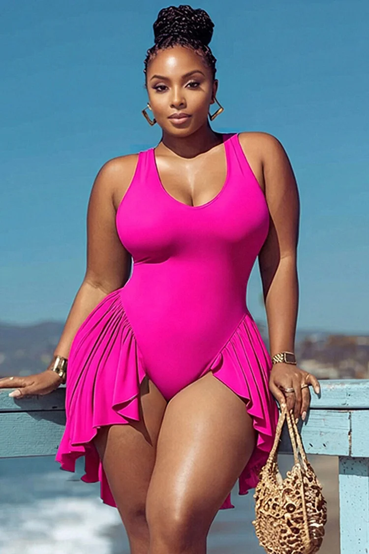 Xpluswear Design Plus Size Beach Orange Round Neck Ruffle Swimsuit Fabric Swimwear Dress [Pre-Order]