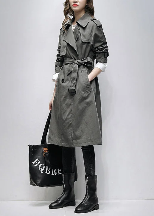 Boutique Grey Notched Pockets Tie Waist Cotton Trench Spring
