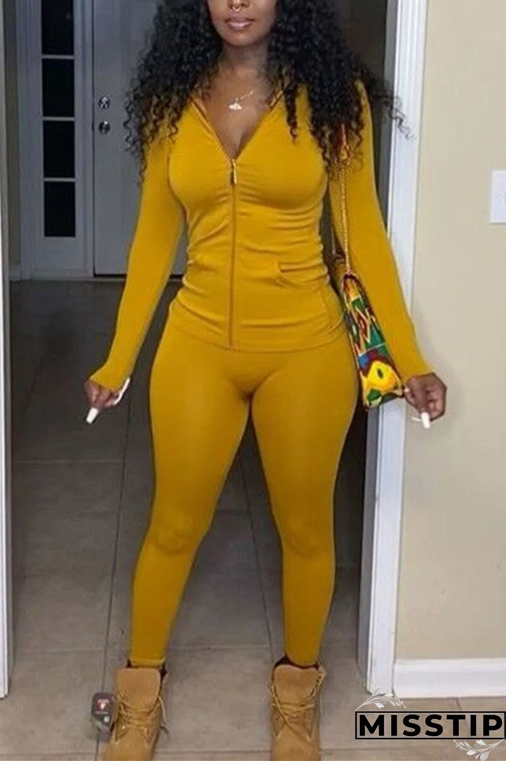 purple Fashion Sexy Solid Zipper Collar Long Sleeve Regular Sleeve Regular Two Pieces