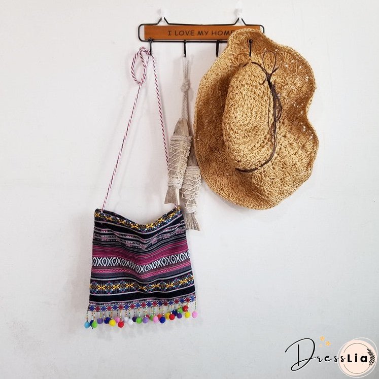 New Handmade Original Retro Storm Bohemian Canvas Bag Ethnic Style Fur Ball Tassel Crossbody Bag Shoulder Bag