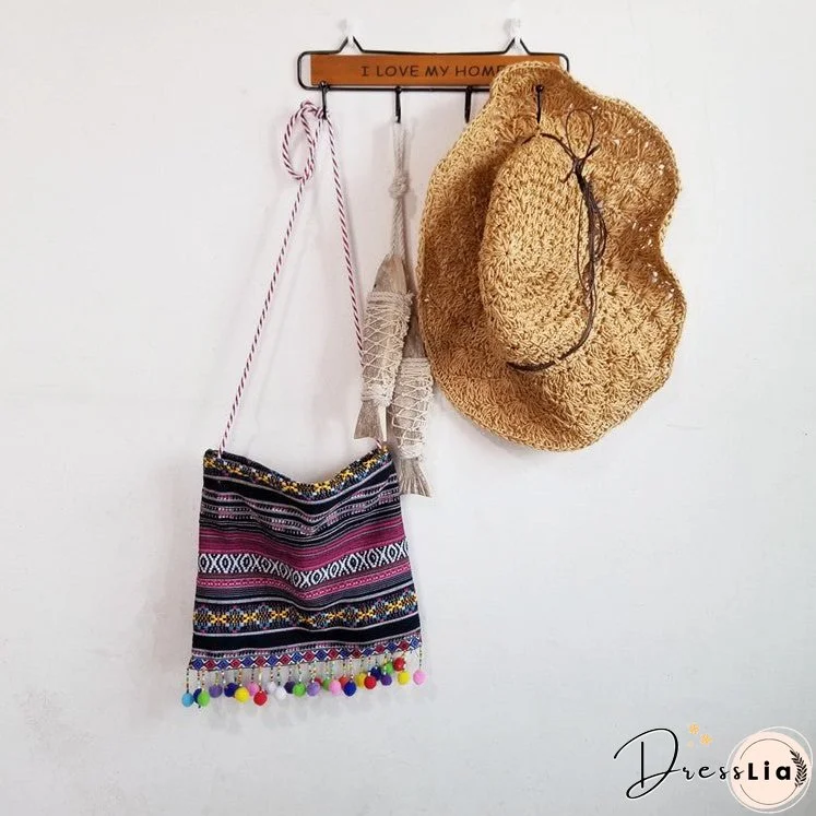 New Handmade Original Retro Storm Bohemian Canvas Bag Ethnic Style Fur Ball Tassel Crossbody Bag Shoulder Bag