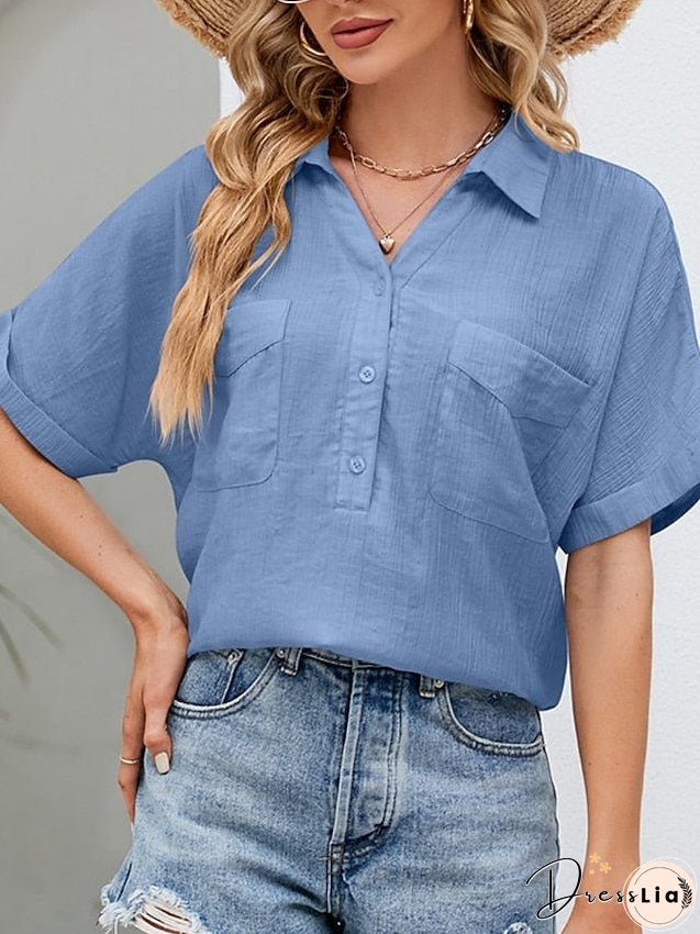 Blouse Pocket Loose Solid / Plain Color Basic Shirt Collar Roll Sleeves Summer Black White Pink Sky Blue for Women