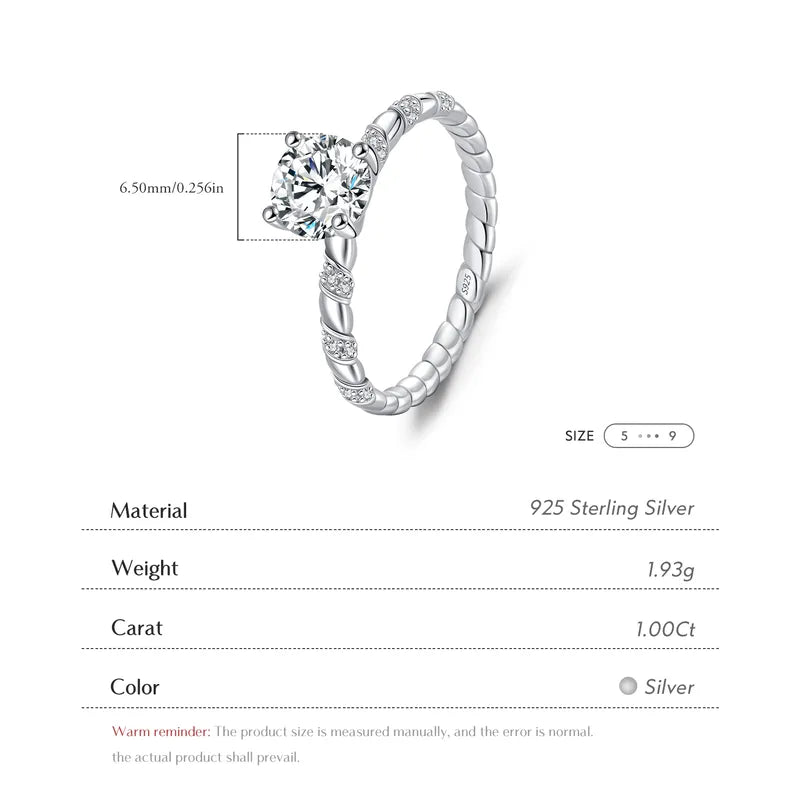 1.0ct Round Brilliant Cut Rhodium Plated 925 Sterling Silver 925 Sterling Silver Moissanite Round Rings Colorless(DEF) GRA Certificate VVS1-VVS2