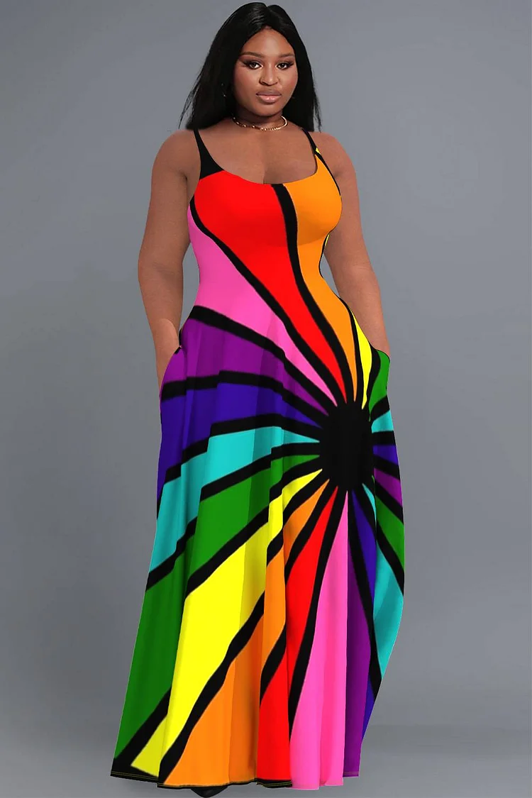 Xpluswear Design Plus Size Daily Rainbow Sundress Graphic Round Neck Pocket Maxi Dresses 2024 - Xpluswear
