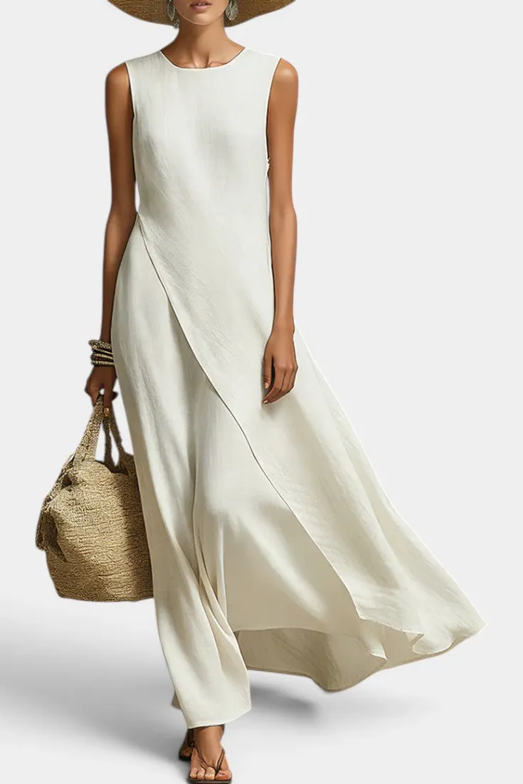 Flowy Wrap-Style Linen Maxi Dress with Round Neck
