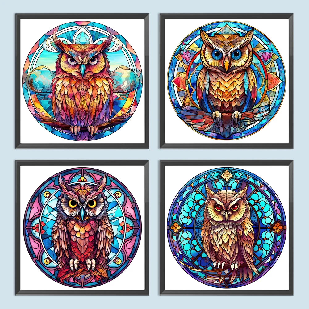 4pcs/Set Diamond Painting - Full Round Drill - Stained Glass Owl(Canvas|30*30cm)