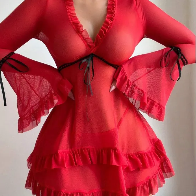 Churchf Sex Lingerie New Sexy Print Mesh Perspective Long-Sleeved Strap Strips With Short Back Dress