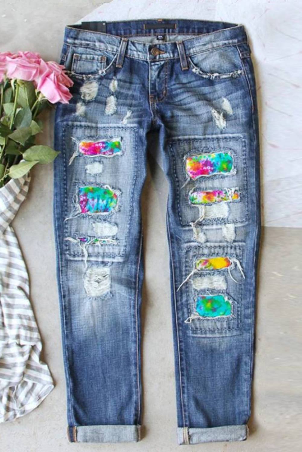 Women's Rainbow Patchwork Ripped Denim Jeans