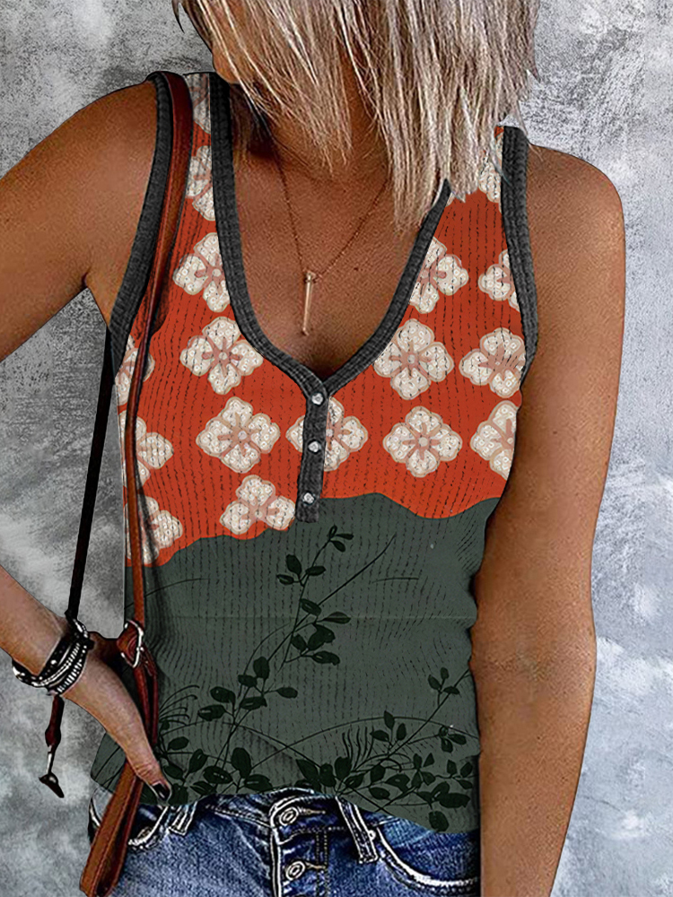 Comstylish Japanese Art Flower Print V-Neck Casual Tank Top