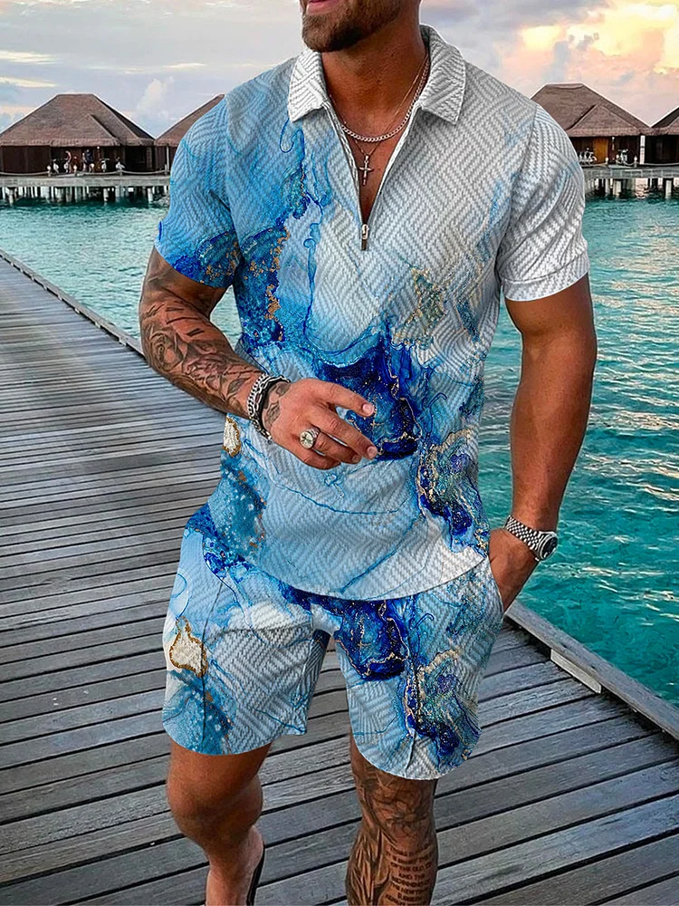 Men's Blue Art Gold Foil Printing Polo Set