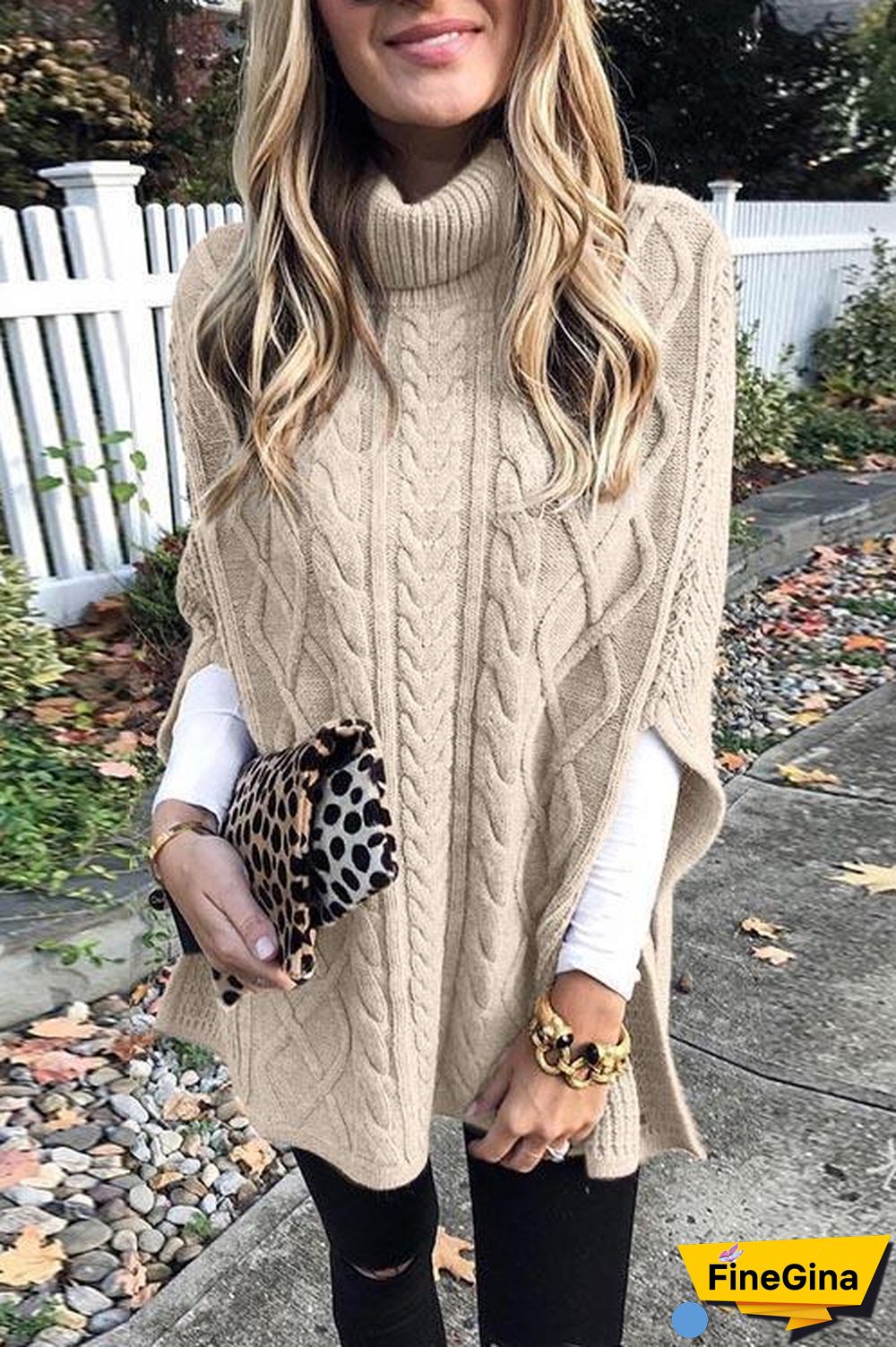 Turtleneck Cable Knit Cloak Poncho Sweater