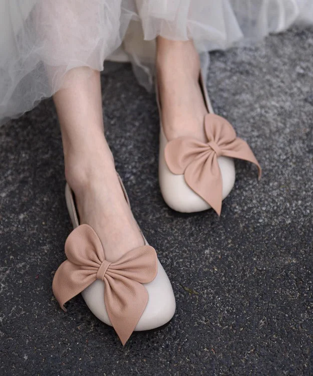 French Bow Splicing Penny Loafers Beige Faux Leather