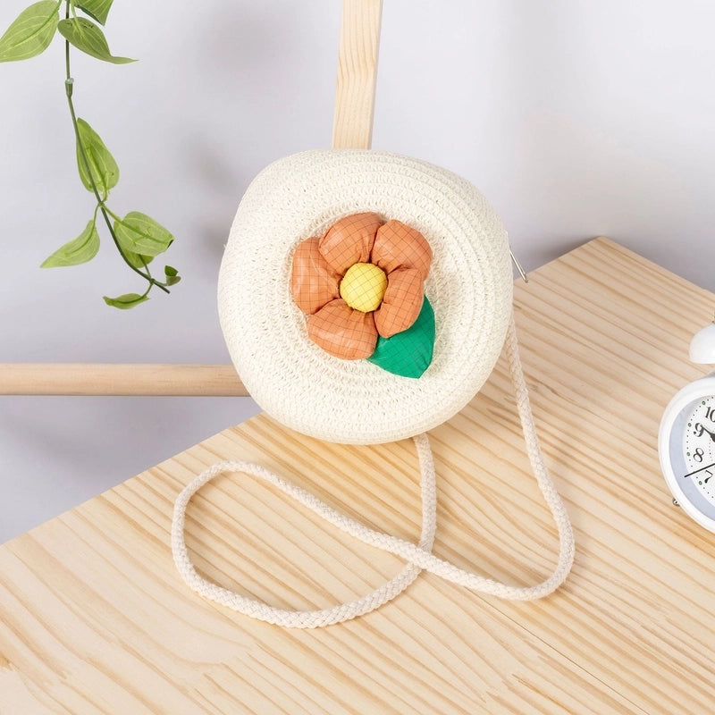 Girl’s Small Straw Flower Bow Knot Cute Round Zipper Crossbody Bag