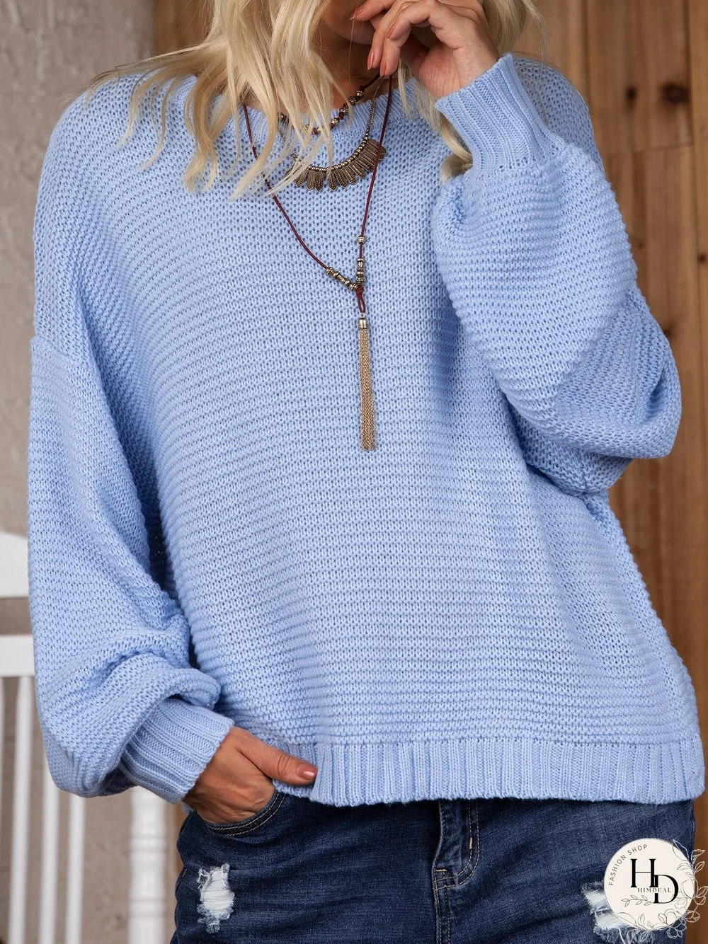 Blue Casual Shift Crew Neck Sweater