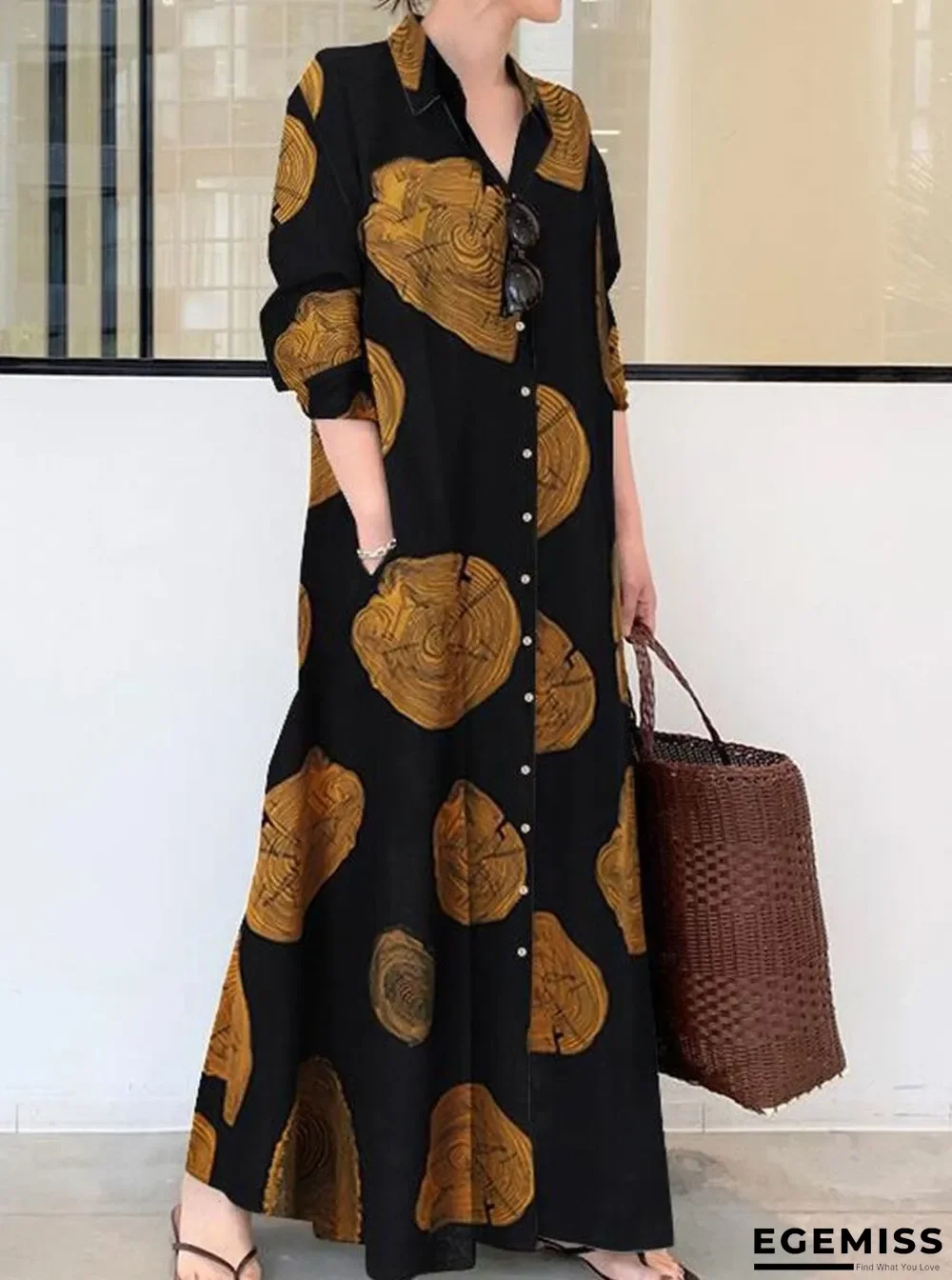 Fashion Print Lapel Long Sleeve Casual Maxi Dress Black Dresses | EGEMISS