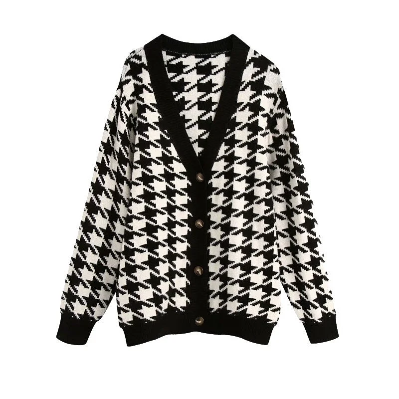 TRAF Women Fashion Oversized Houndstooth Knitted Cardigan Sweater Vintage V Neck Long Sleeve Female Outerwear Chic Tops