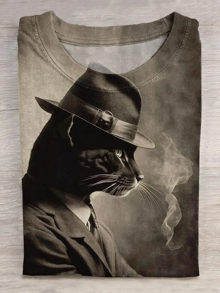 Teecade Teecade  Funny Black Cat Art Print Casual T-shirt