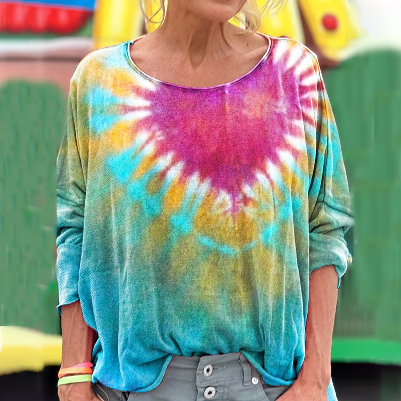 Women's Colorful Hippie Vibe Tie Dye Print Long Sleeve T-Shirt artswardrobe